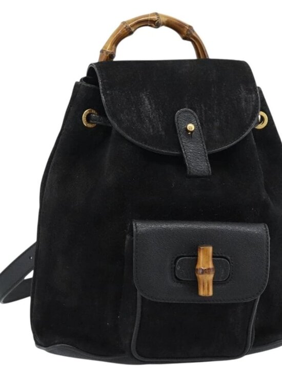Gucci Handbags - GUCCI Bamboo Backpack Suede Black Gold 003 1956 0030 Auth gh2084A